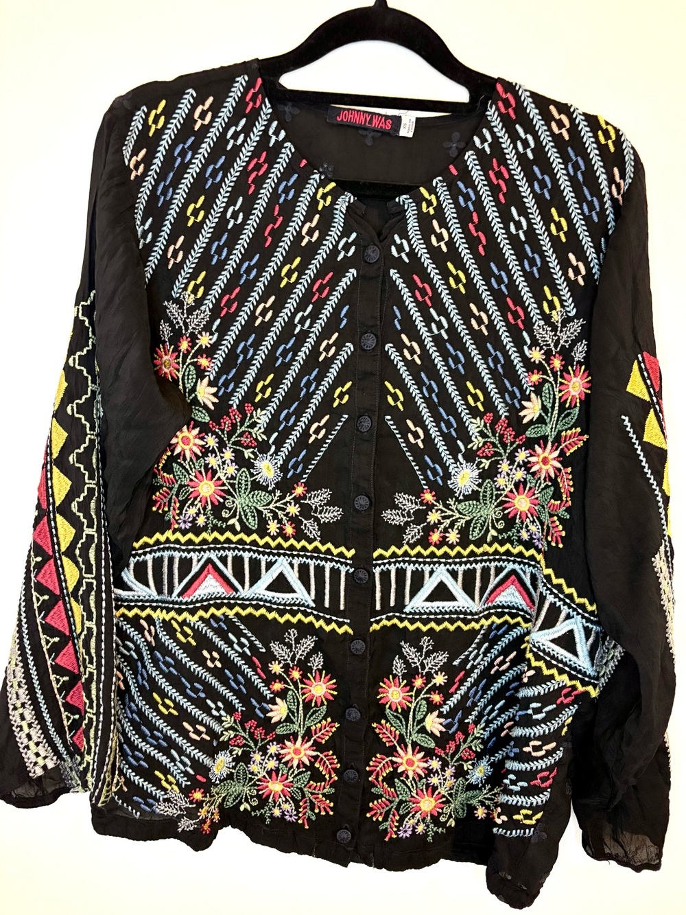 Johnny Was Embroidered Boho Button Front Blouse XS Black